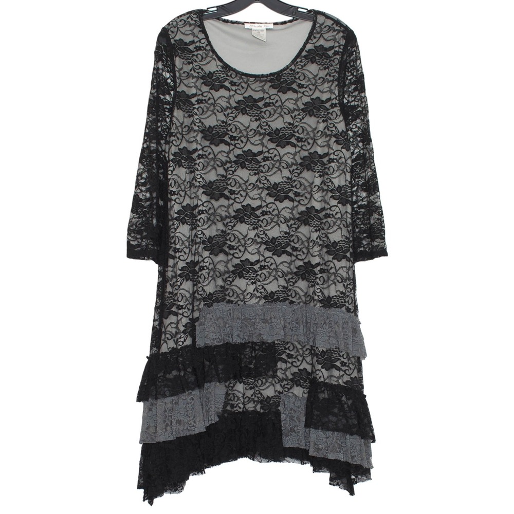Dress Floral Lace Whimsigoth Witchy Bell Sleeve Ruffle Tiered Black Gray Medium